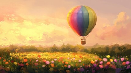 Fototapeta premium A rainbow-colored hot air balloon gently floats above a serene countryside, surrounded by blooming fields. The soft sunset casts a dreamy glow over this enchanting landscape, inviting adventure.