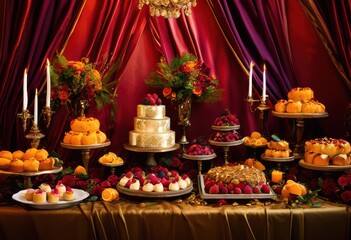 Naklejka premium vibrant dessert table featuring variety assorted colorful treats eye catching sweets, rainbow, lgbtq, lgbt, pride, love, equality, pastries, gourmet, cakes