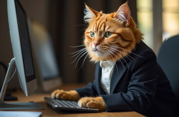 A red-haired cat in a white shirt and suit sits at a computer monitor and presses the keyboard.