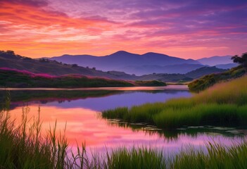 Fototapeta premium breathtaking sunrise over gorgeous vibrant landscape featuring lush colorful silhouetted reflective water, scenery, colors, clear, sky, hills, reflection
