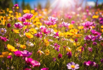 Fototapeta premium enthralling display colorful flowers swaying gracefully gentle breeze sunny day, bloom, blooming, blossom, floral, petals, leaves, garden, greenery