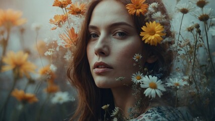 Beauty flowers face of a woman with double exposure