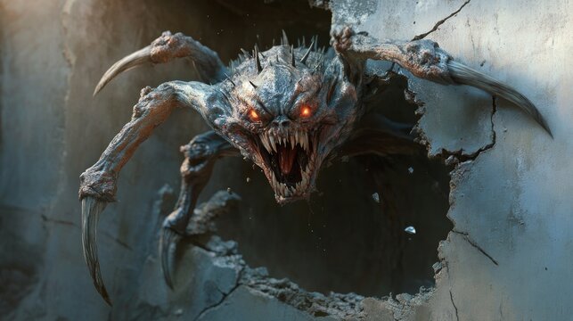 A scary creature with sharp claws rips a hole in the wall behind it.