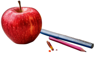 A glossy red apple beside colorful stationery on a clean white surface for creative inspiration
