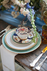 Vintage Table Setting, Antique Teacup, Collectable Dishes, Romantic Wedding Tablescape, Gold and Green Dishes, Retro Table Decor, Dinning