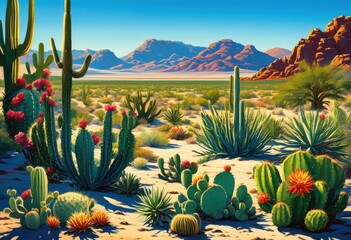 stunning vivid cactus landscapes under bright azure sky featuring lush greenery distinctive desert flora, arid, backdrop, color, display, ecosystem