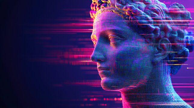An artistic representation of a classic human statue, enhanced with grid-like digital glitches and neon colors, merging traditional and contemporary visual elements.
