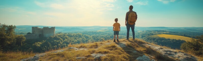 Naklejka premium Man and a child standing on a hill