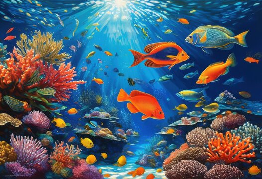 vibrant underwater seafood display featuring colorful catch aquatic life bountiful variety marine species, fish, shellfish, crustacean, lobster, shrimp