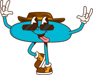 Cartoon minus math symbol groovy character. Isolated vector funky mathematics personage for subtraction tasks. Funny educational sign in dapper hat, sneakers and sunglasses with quirky face expression