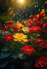 dynamic weather drops presenting raindrops colorful nature background lush greenery brightly colored flora, splash, water, droplet, bloom, leaf, botany