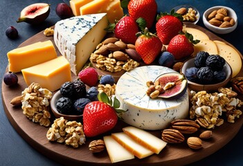 Fototapeta premium colorful assembled cheese platter featuring various cheeses accompanied fresh fruits crunchy nuts delightful display, colors, dairy, snack, selection