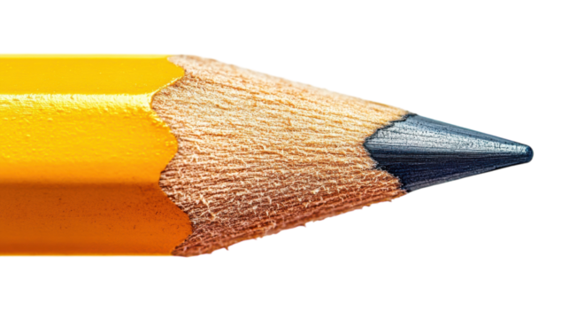 Close-up view of a sharpened yellow pencil capturing its fine tip and textured wood details