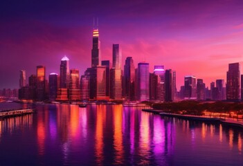 Fototapeta premium breathtaking cityscape dusk radiating vibrant showcasing beautiful urban skyline evening twilight, architecture, buildings, contrast, landscape, illumination