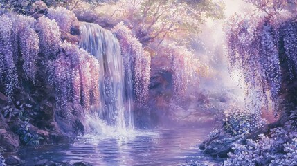 Ethereal Waterfall Surrounded by Blooming Wisteria in a Lush Forest Landscape