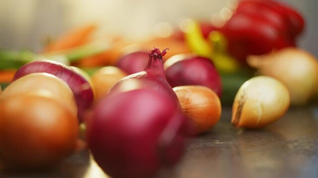 Slow motion video of onion bulbs rolling across the table. Cooking delicious meals in the kitchen from organic eco products. High quality FullHD footage