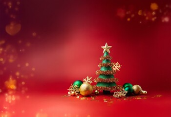 Obraz premium A small Christmas tree with green and gold ornaments sits on a red background with bokeh lights.