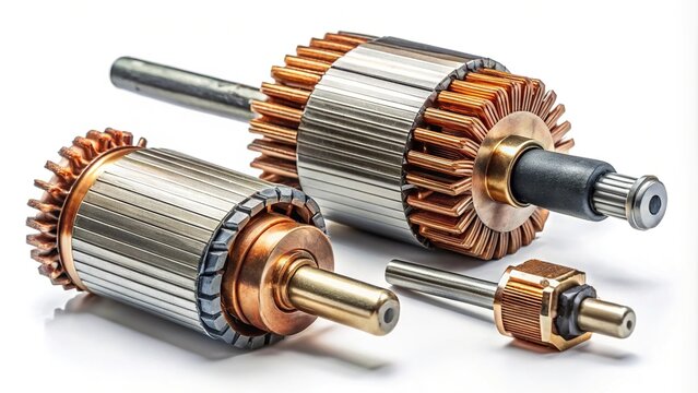 Close-up view of parts of a DC motor armature, brushes, permanent magnets, and commutator at a tilted angle