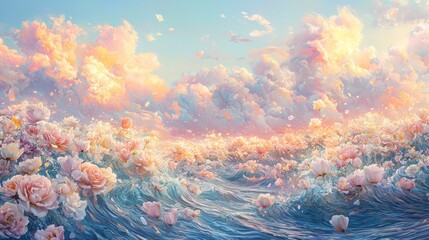 Floating Floral Waves A Dreamlike Oceanic Landscape of Colorful Petals and Sky
