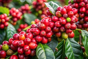 Close-up view of red cherry coffee beans Arabica in natural setting