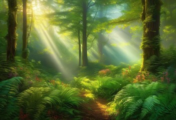 Obraz premium captivating rays light penetrating through lush green forest landscape subtle mist vibrant flora, trees, foliage, sunlight, greenery, bark, shadows
