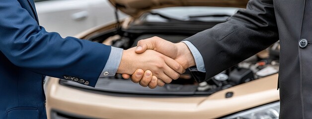 Handshake between business professional and mechanic near breakdown SUV, symbolizing partnership and assistance in vehicle repair
