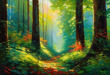 Fototapeta premium captivating vibrant forest scene highlighting sunlit foliage rich greenery rich colors every detail, canopies, emerald, landscape, sunlight, wilderness