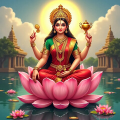 godess Mata Laxmi seating on louts Ai Image