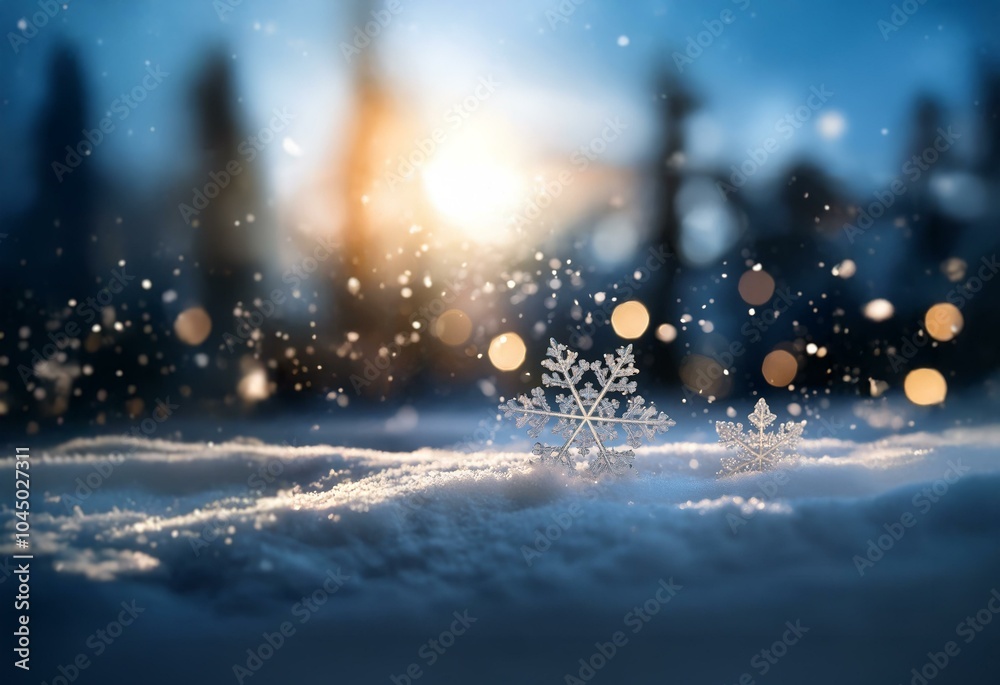 Poster A single snowflake rests on a snowdrift in the foreground with a blurred forest and setting sun in the background.