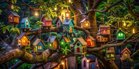 Fototapeta premium Urban Exploration of Vintage Wooden Toy Houses in a Tree - Nostalgic Kids Toys, Abandoned Playgrounds, Nature and Childhood Memories, Urban Decay Photography