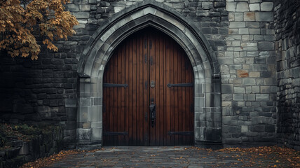A large arched wooden door with natural stone walls