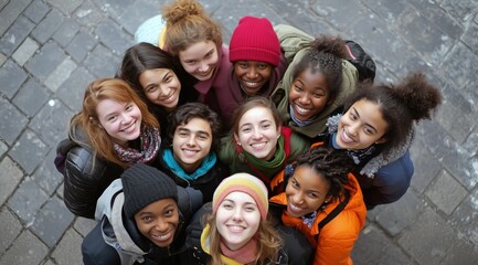 Un groupe de jeunes gens souriants, représentant diverses ethnies et groupes d'âge, regardant vers l'objectif, vue de dessus.