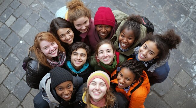 Un groupe de jeunes gens souriants, repr&eacute;sentant diverses ethnies et groupes d'&acirc;ge, regardant vers l'objectif, vue de dessus.