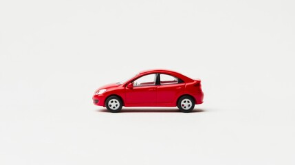 Fototapeta premium A small, red toy car is shown against a white backdrop. This image could be used for hobbies, insurance ads, or car loan promotions.