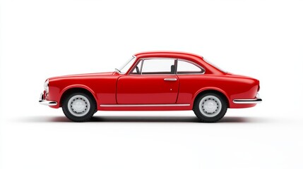 Naklejka premium A small, red toy car is shown against a white backdrop. This image could be used for hobbies, insurance ads, or car loan promotions.