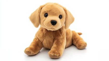 A soft, brown puppy plushie sits on a white background, casting a shadow. It's perfect for kids to cuddle and play with.