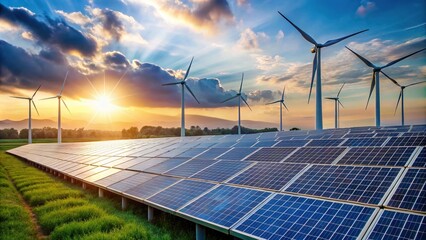 Close-up view of solar farm with wind turbines in background