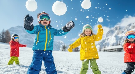 Des enfants heureux s'amusant à jouer avec des boules de neige, portant des vêtements chauds. Concept de vacances d'hiver dans une station de ski à la montagne.