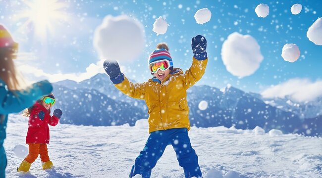 Des enfants heureux s'amusant &agrave; jouer avec des boules de neige, portant des v&ecirc;tements chauds. Concept de vacances d'hiver dans une station de ski &agrave; la montagne.