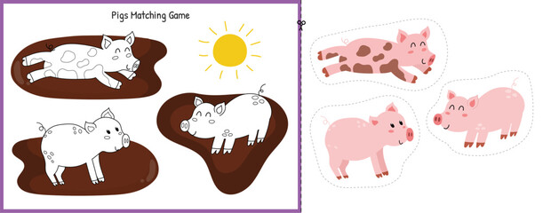 Cut and glue game with cute pigs in the mud. Educational activity page for kids. Farm matching game for school and preschool. Vector illustration