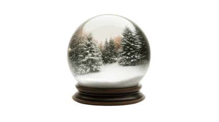 Enchanting winter wonderland captured within a crystal snow globe showcasing serene evergreen trees