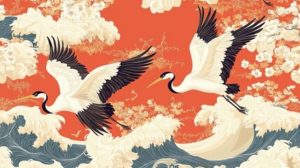 Obraz premium Two white cranes with black wings and red beaks are perched in cherry blossom trees against a red background.