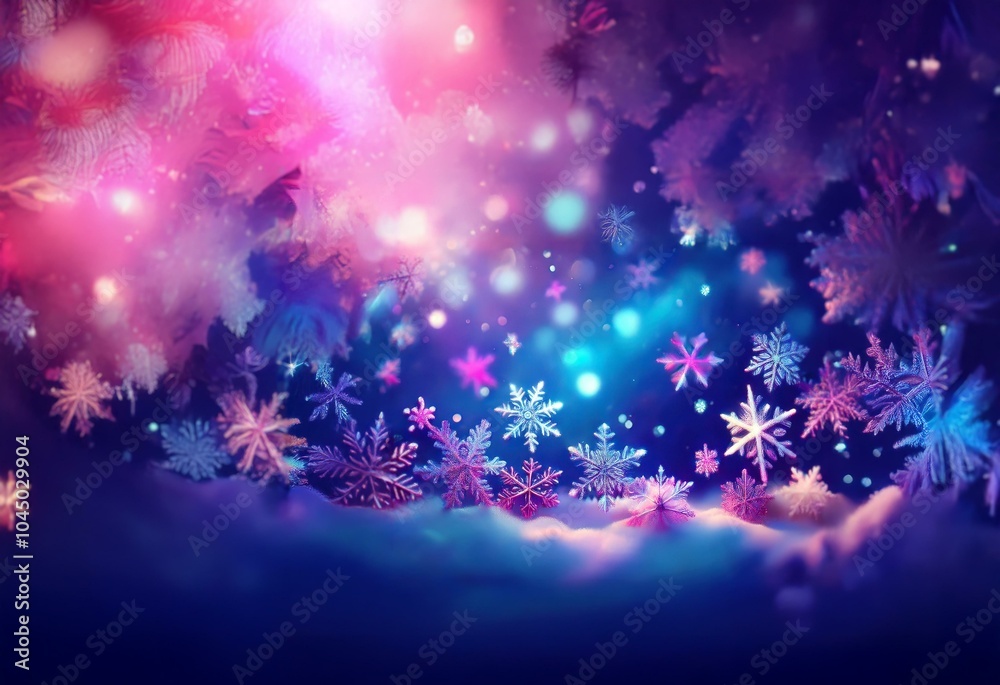 Poster a dark background with colorful light illuminating snowflakes falling on a bed of white snow.