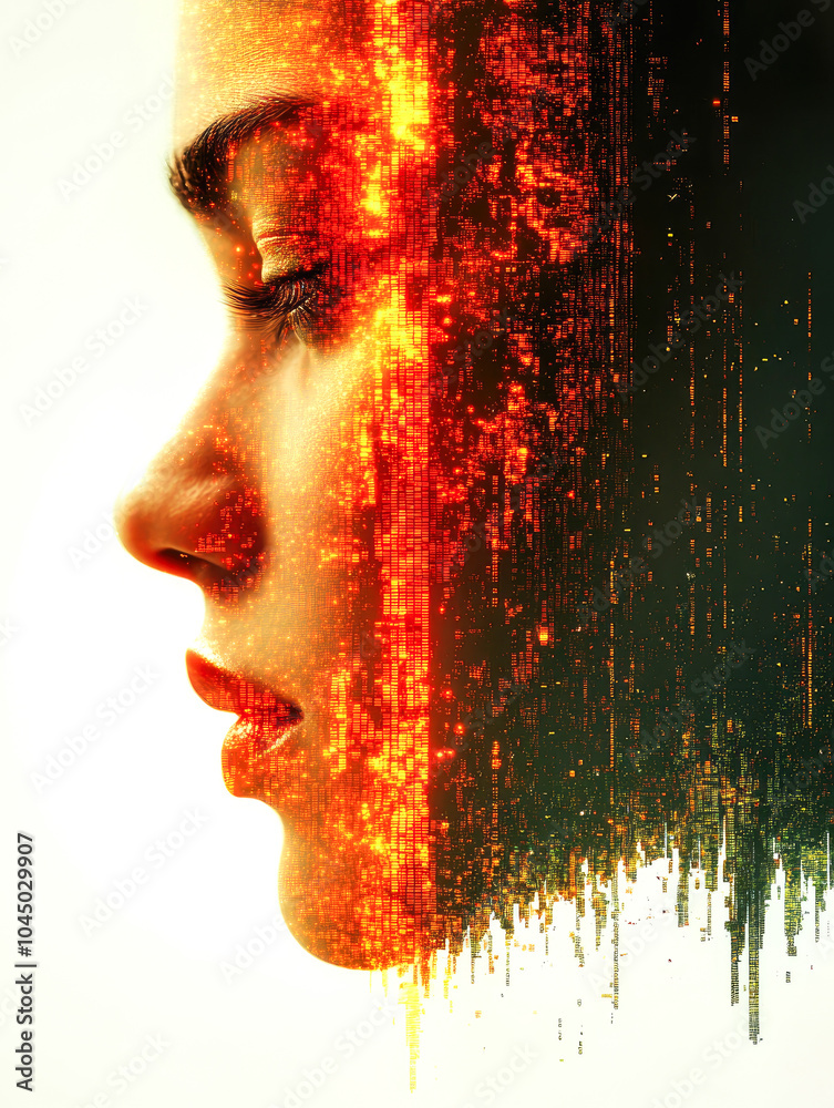 Poster a side view of a woman's face transitioning into a pixelated matrix. the image explores the interfac