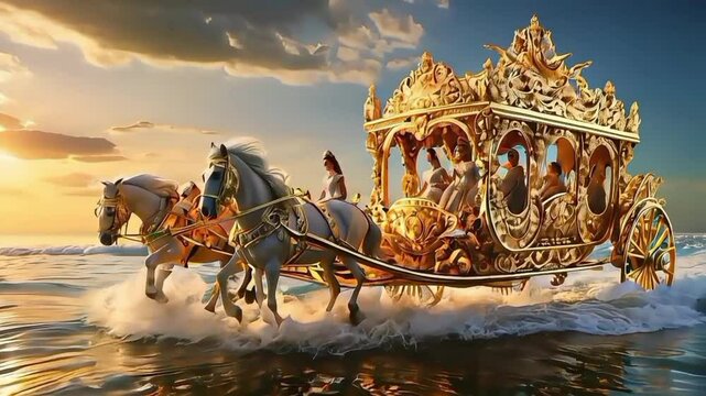 horses pulling a carriage on the beach