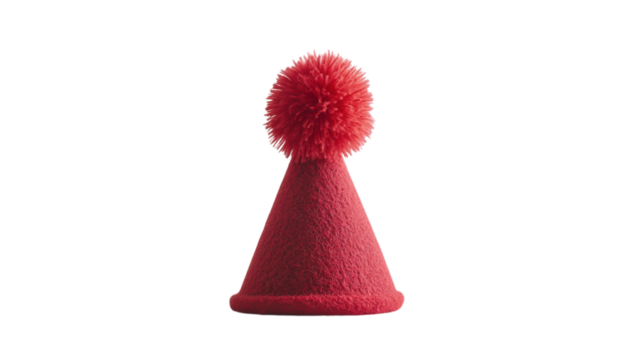 Bright red fuzzy winter hat with a pom-pom on a clean white background