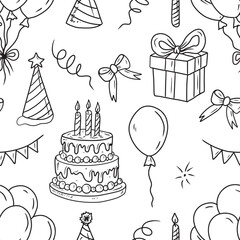 Seamless pattern in black on white background for happy birthday celebration wrapping paper. Hand drawn vector sketch illustration in doodle engraved vintage line art style. Print, decoration