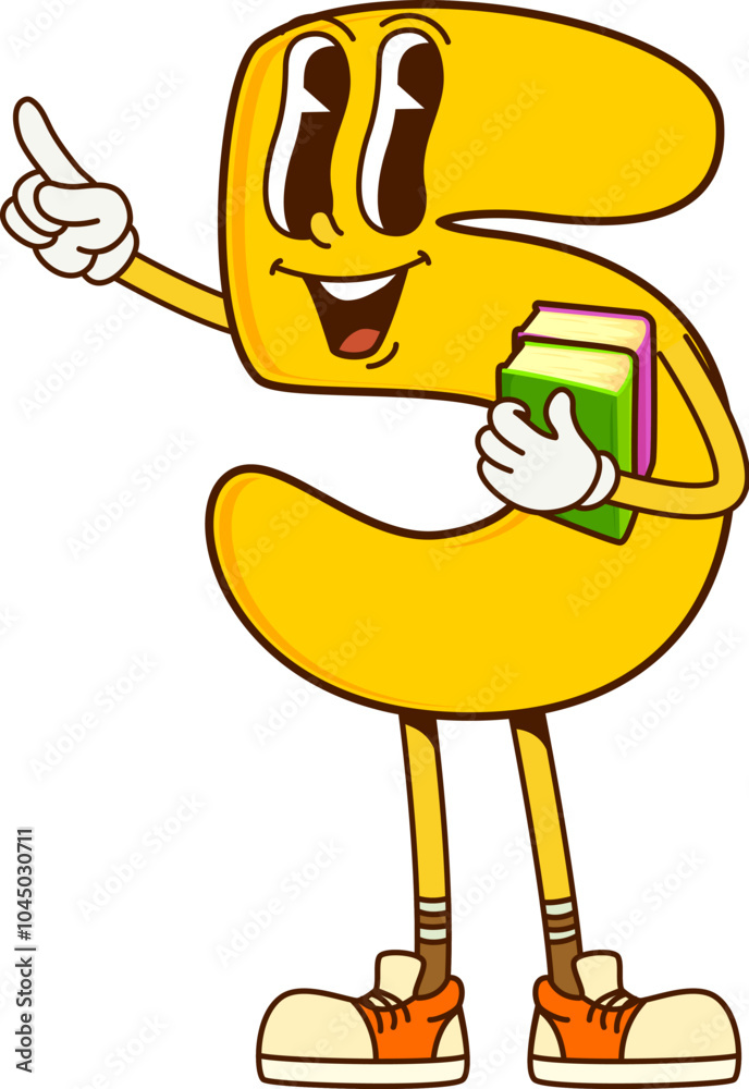Poster cartoon math number five groovy character with textbooks. isolated vector playful 5 digit personage 