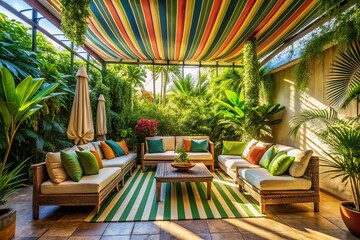 Fototapeta premium Vibrant Outdoor Lounge with Striped Canopy, Tropical Plants, and Cozy Seating for a Relaxing Retreat in Nature