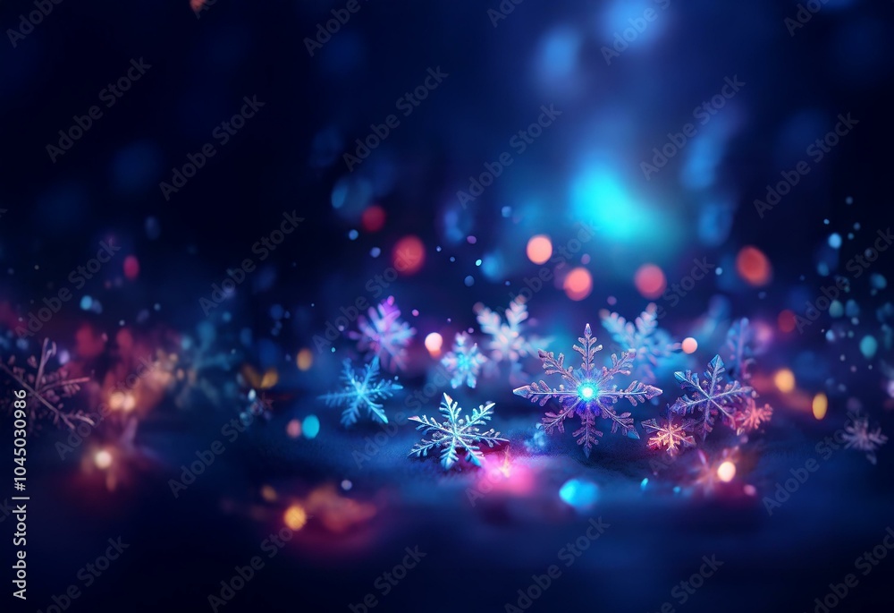 Poster Abstract background featuring multiple shimmering snowflakes illuminated by colorful bokeh lights.